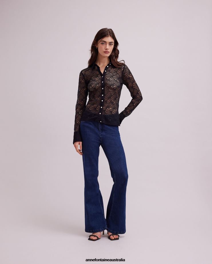 Anne Fontaine Clothing 2VZRJ129 Women Atelier Shirt Long Sleeve Lace Button Down Shirt Black