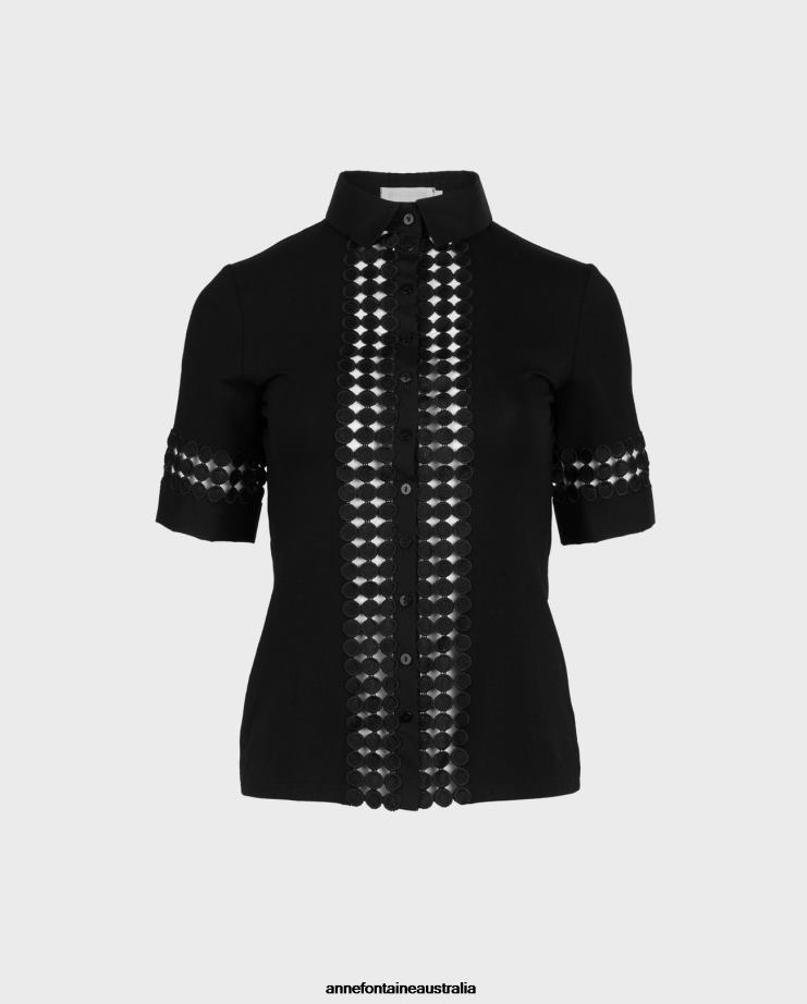 Anne Fontaine Clothing 2VZRJ130 Women Pablo Shirt Short Sleeve Shirt With Open Lace Details Black