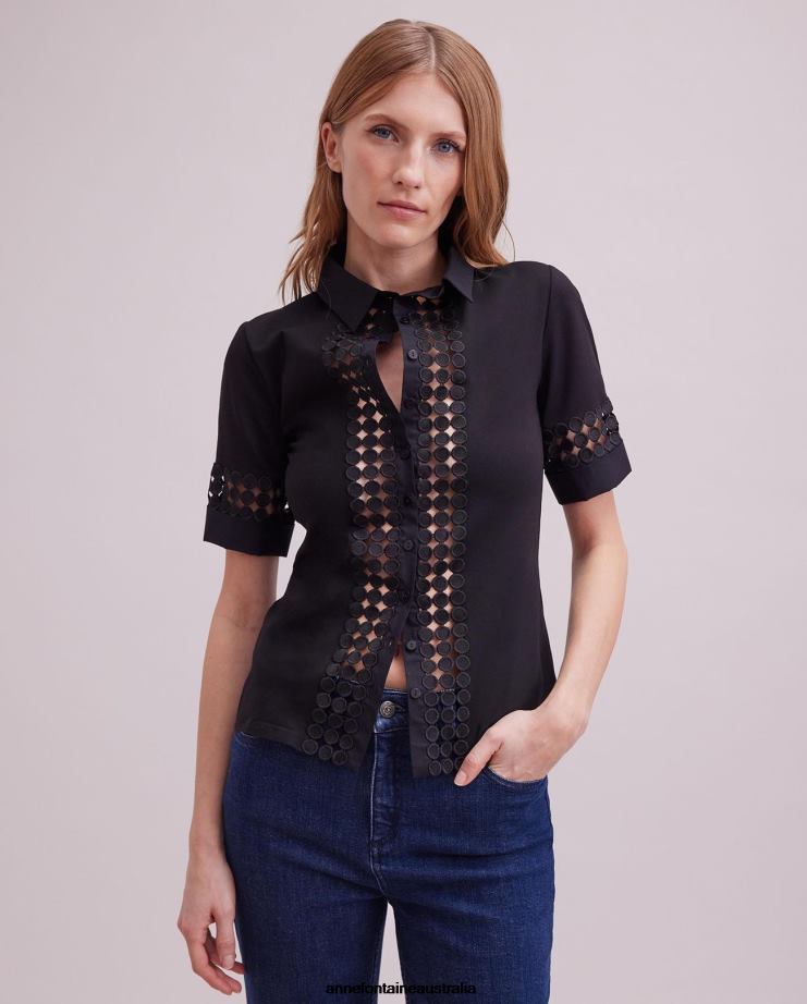 Anne Fontaine Clothing 2VZRJ130 Women Pablo Shirt Short Sleeve Shirt With Open Lace Details Black