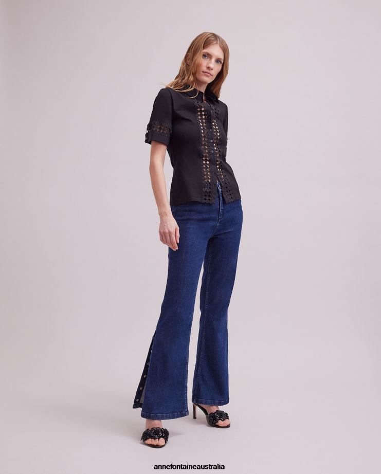 Anne Fontaine Clothing 2VZRJ130 Women Pablo Shirt Short Sleeve Shirt With Open Lace Details Black