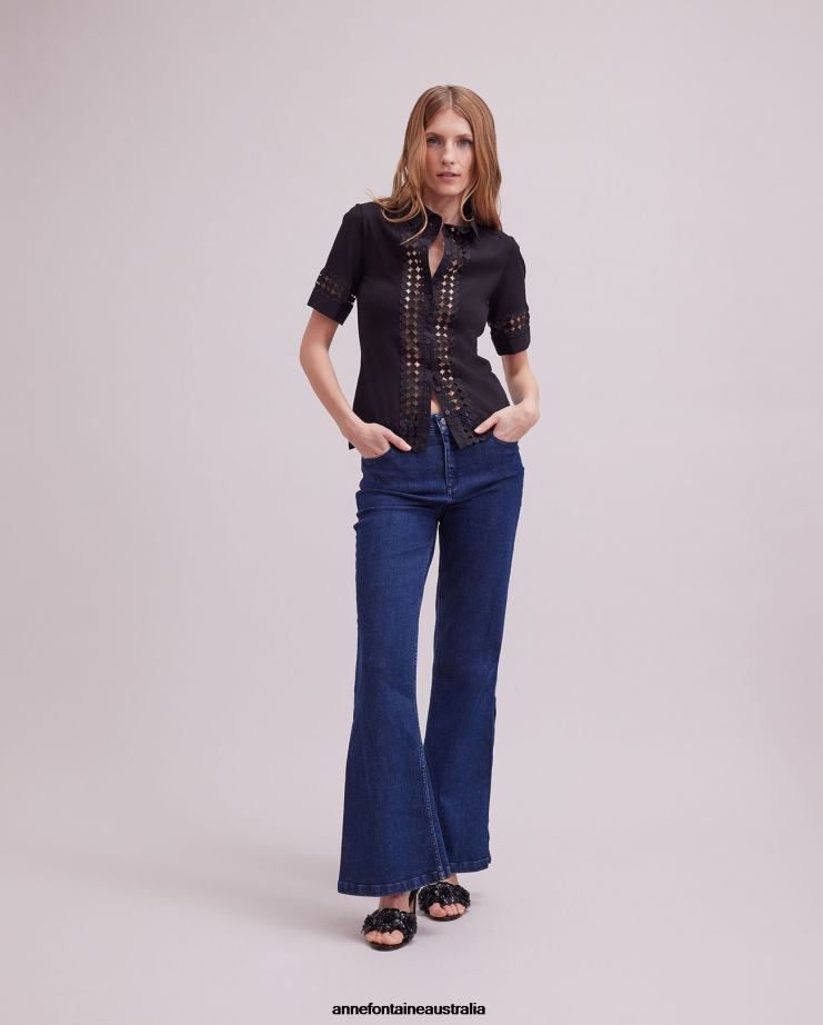Anne Fontaine Clothing 2VZRJ130 Women Pablo Shirt Short Sleeve Shirt With Open Lace Details Black