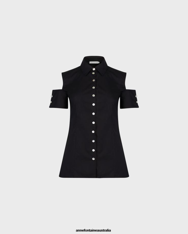 Anne Fontaine Clothing 2VZRJ131 Women Abstrait Shirt Cold Shoulder Poplin Shirt With Pearl Buttons Black