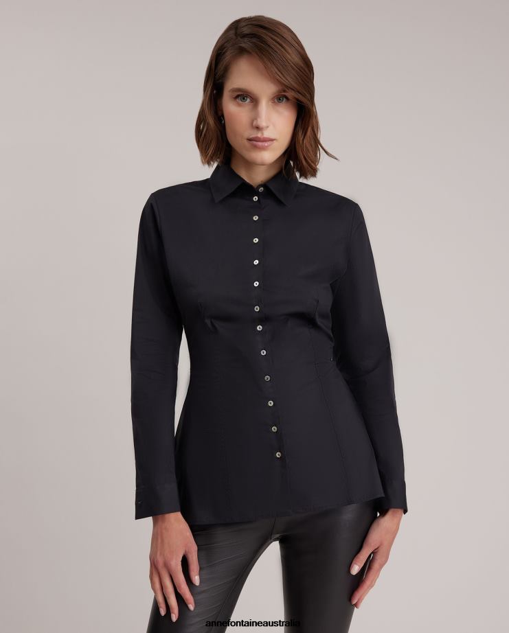 Anne Fontaine Clothing 2VZRJ132 Women Larryton Shirt Long Sleeve Poplin Shirt Black