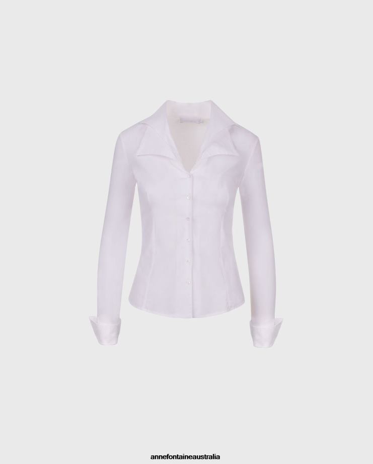 Anne Fontaine Clothing 2VZRJ133 Women Christie Shirt Long Sleeved Double Collared T-Blouse White