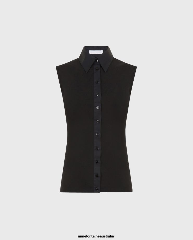 Anne Fontaine Clothing 2VZRJ140 Women Nuage SM Shirt Sleeveless Pima Cotton Collared Shirt Black