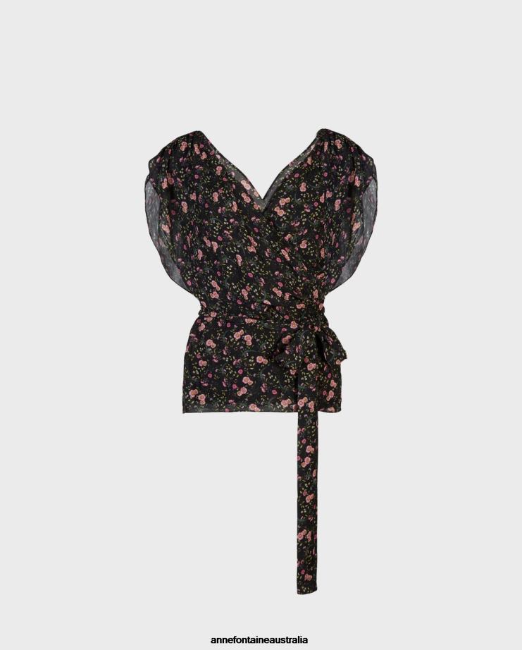 Anne Fontaine Clothing 2VZRJ142 Women Enea Blouse Floral Print Wrap Top With Flutter Sleeves Black