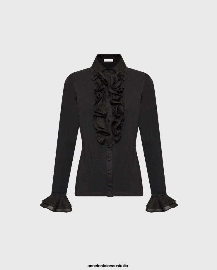 Anne Fontaine Clothing 2VZRJ143 Women Patsy Shirt Double Collar and Ruffle Pima Jersey Shirt Black