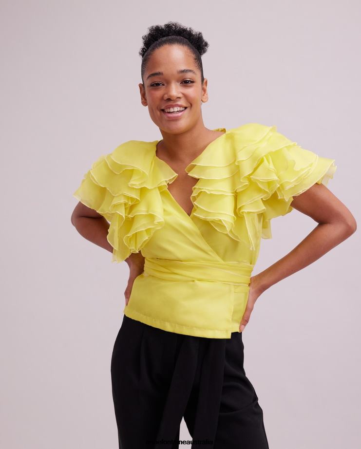 Anne Fontaine Clothing 2VZRJ144 Women Luz Blouse Silk Organza Wrap Blouse With Layered Ruffle Sleeves Yellow