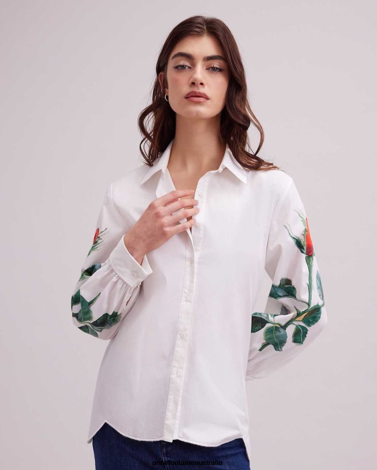 Anne Fontaine Clothing 2VZRJ146 Women Flower Shirt Tunic Shirt With Rose Printed Sleeves White
