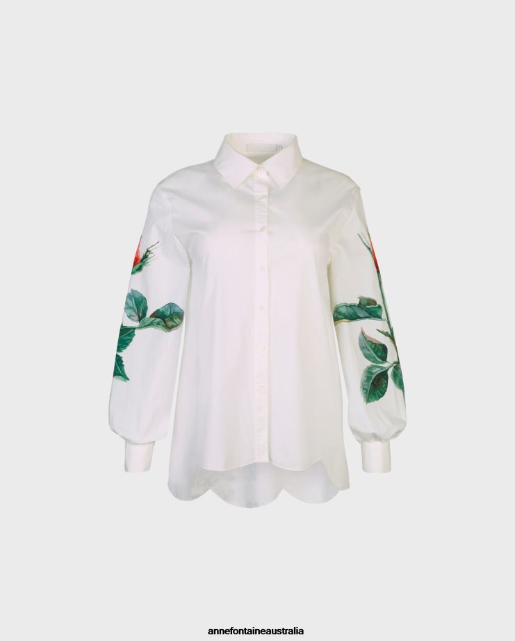 Anne Fontaine Clothing 2VZRJ146 Women Flower Shirt Tunic Shirt With Rose Printed Sleeves White