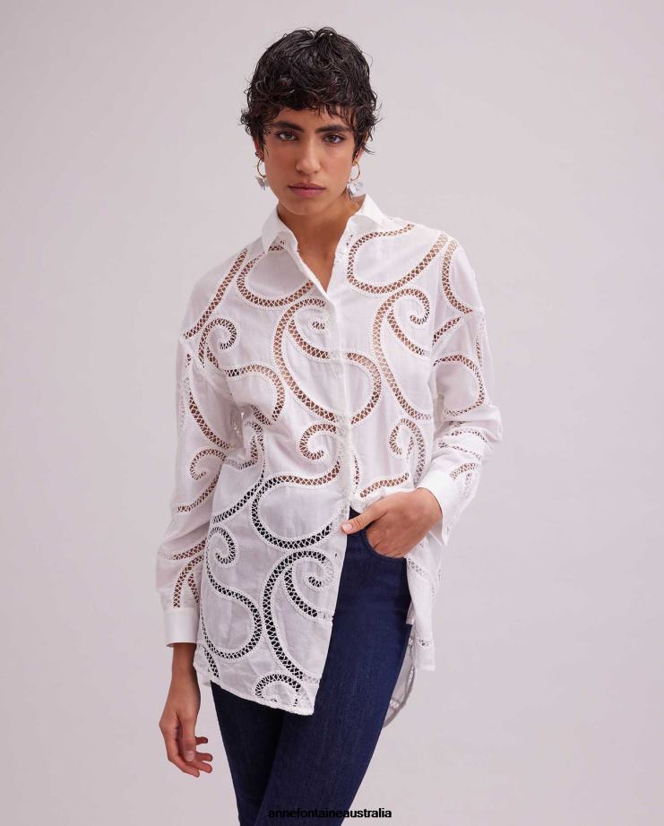 Anne Fontaine Clothing 2VZRJ147 Women Couleur Shirt Tunic Shirt with Paisley Eyelet Design White