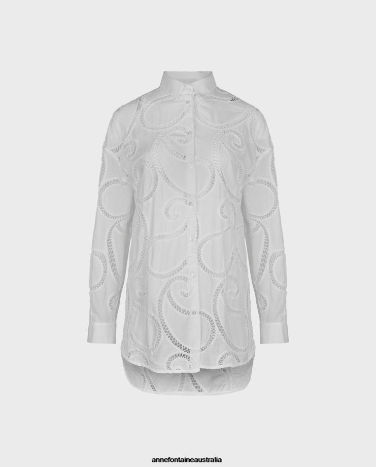 Anne Fontaine Clothing 2VZRJ147 Women Couleur Shirt Tunic Shirt with Paisley Eyelet Design White