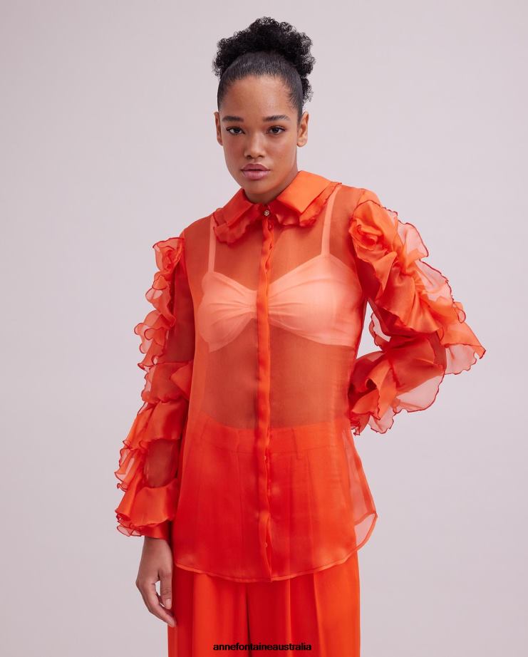 Anne Fontaine Clothing 2VZRJ148 Women Linor Shirt Sheer Silk Organza Shirt with Ruffle Sleeves Orange