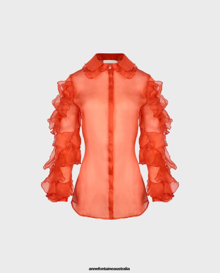Anne Fontaine Clothing 2VZRJ148 Women Linor Shirt Sheer Silk Organza Shirt with Ruffle Sleeves Orange