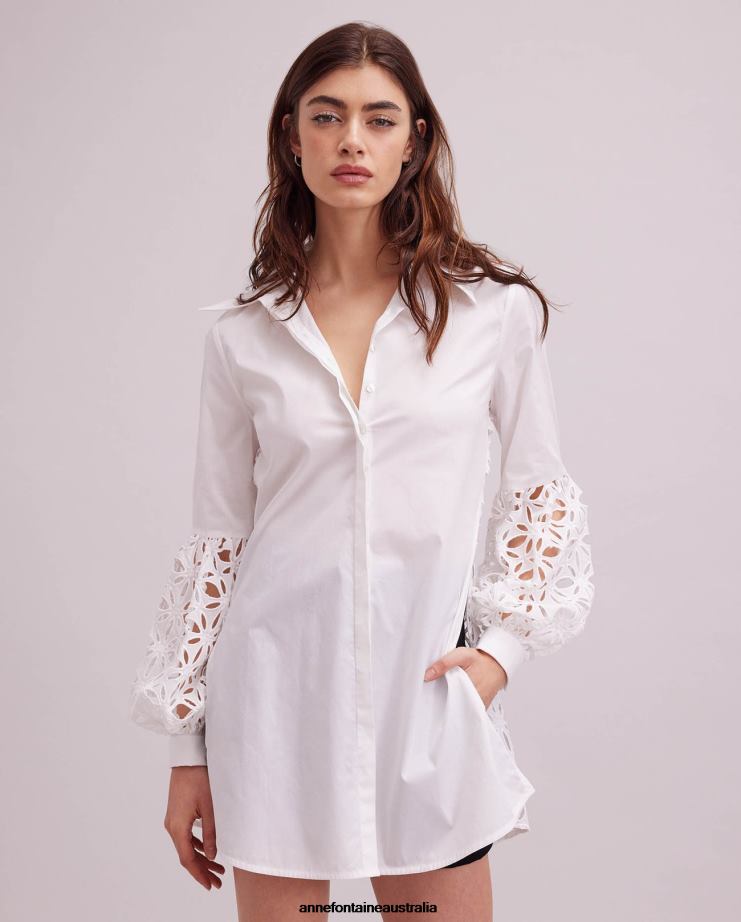 Anne Fontaine Clothing 2VZRJ149 Women Vallauris Shirt Longline Shirt With Eyelet Sleeve Details White