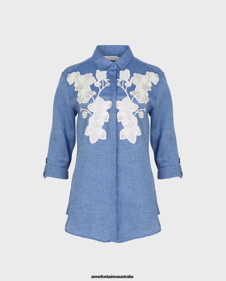 Anne Fontaine Clothing 2VZRJ150 Women Citron Shirt Linen Shirt With Floral Applique White/Blue
