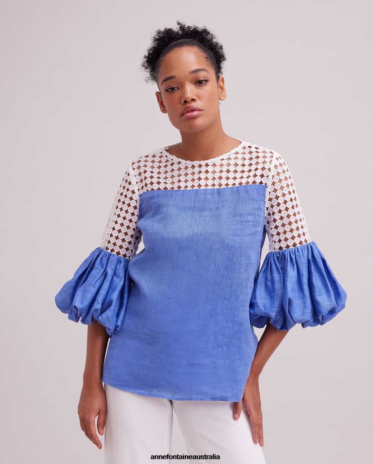 Anne Fontaine Clothing 2VZRJ151 Women Sarriette Blouse Linen Blouse With Openwork Lace Details and Ruched Sleeves Blue