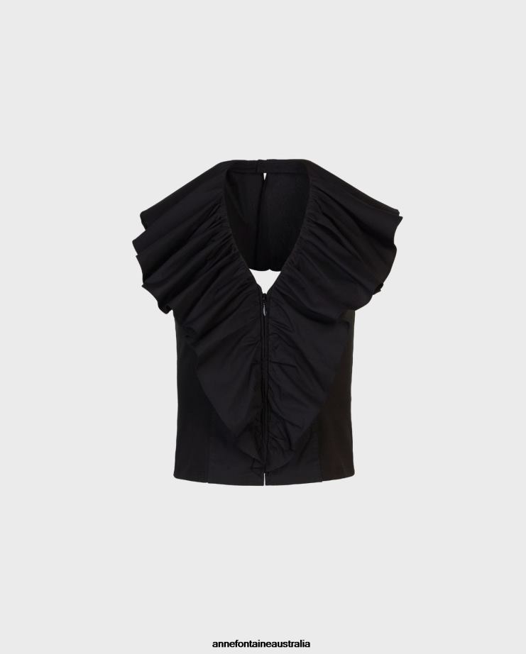 Anne Fontaine Clothing 2VZRJ152 Women Vanes Shirt Sleeveless Poplin Halter Top With Cascading Ruffle Black