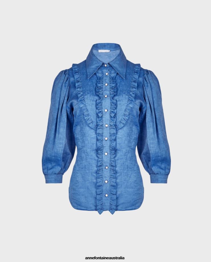 Anne Fontaine Clothing 2VZRJ153 Women Olivier Shirt With Mini Ruffle Details Denim