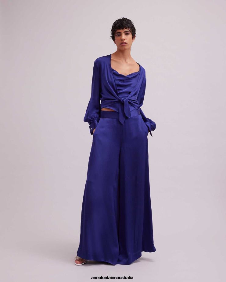 Anne Fontaine Clothing 2VZRJ155 Women Rosace Blouse Long Sleeve Satin Blouse With Tie Hem Blue