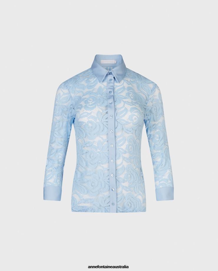 Anne Fontaine Clothing 2VZRJ156 Women Nahia Shirt 3/4 Sleeve Lace Shirt in Riviera Blue