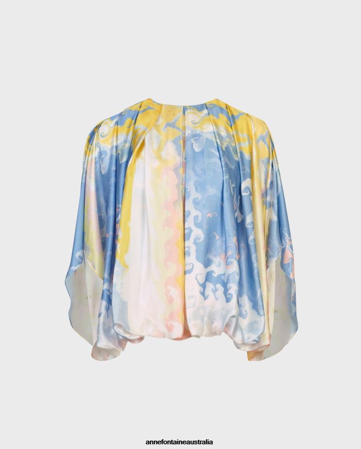 Anne Fontaine Clothing 2VZRJ157 Women Aquarelle Blouse Watercolor Print Pleated Silk Blouse Blue