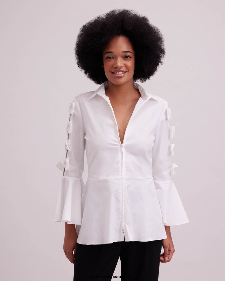 Anne Fontaine Clothing 2VZRJ159 Women Peintre Shirt Poplin Shirt With Peplum Hem and Bow Details White
