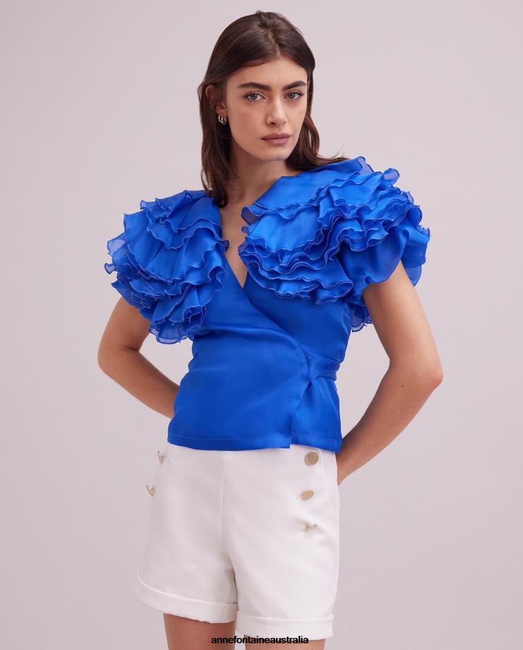 Anne Fontaine Clothing 2VZRJ160 Women Luz Blouse Silk Organza Wrap Blouse With Layered Ruffle Sleeves Blue