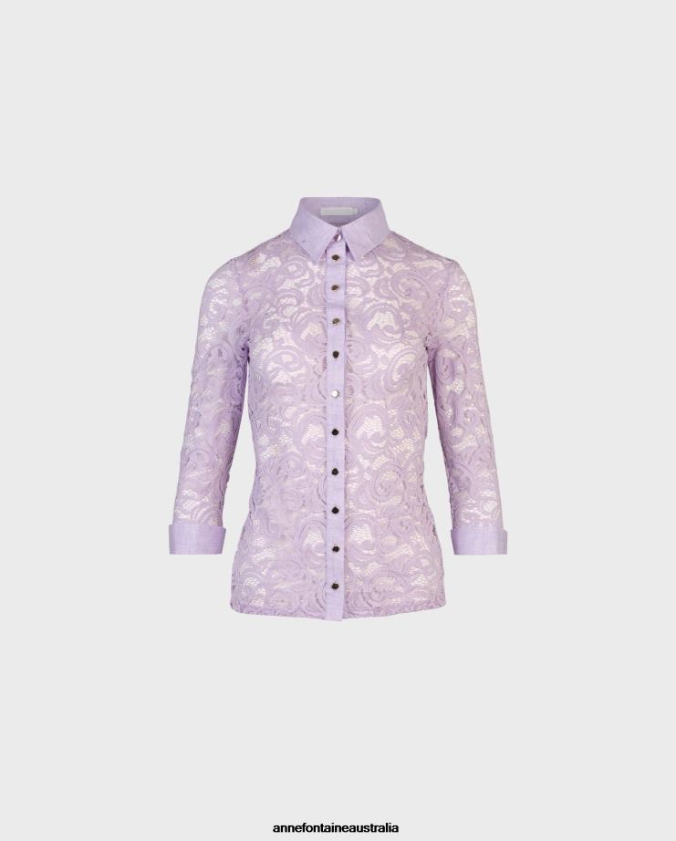 Anne Fontaine Clothing 2VZRJ161 Women Lavandin Shirt 3/4 Sleeve Stretch Lace Shirt With Point Collar and French Cuffs Parme