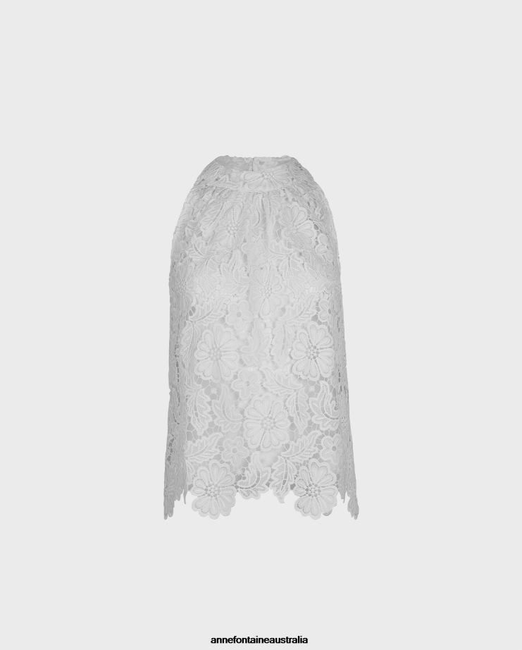 Anne Fontaine Clothing 2VZRJ162 Women Gravure Top Sleeveless Embroidered Lace Blouse With High Neckline White