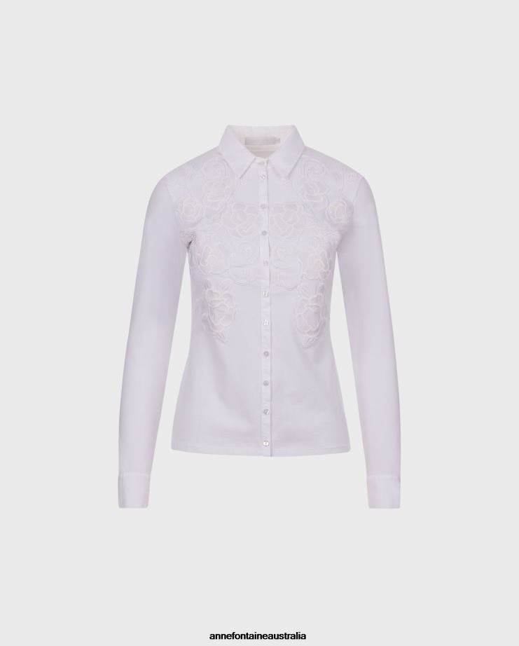 Anne Fontaine Clothing 2VZRJ164 Women Vianey Shirt Pima Jersey Shirt With Floral Applique White