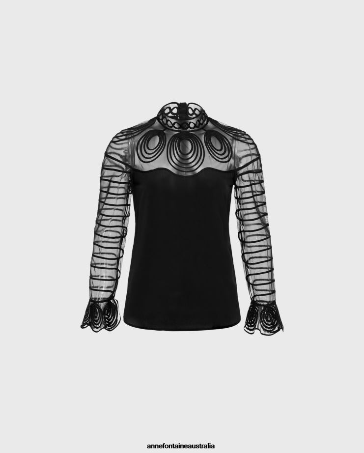 Anne Fontaine Clothing 2VZRJ166 Women Shaeline Blouse Long Sleeve Silk Blouse With Flounces Cuffs Black