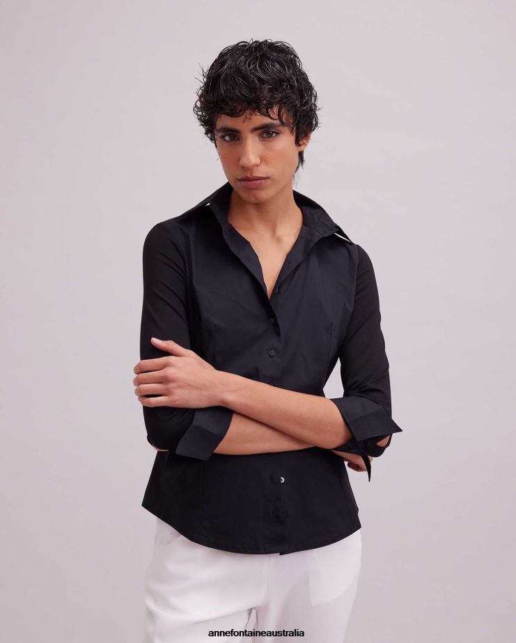 Anne Fontaine Clothing 2VZRJ167 Women Connie Shirt 3/4 Sleeve T-Blouse With Swallow Cuffs Black