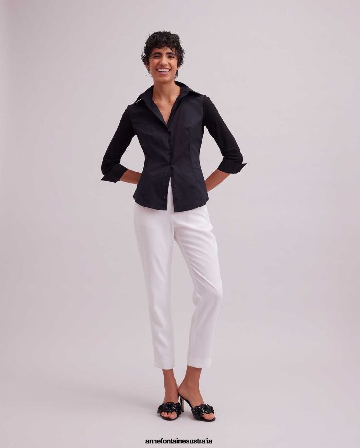 Anne Fontaine Clothing 2VZRJ167 Women Connie Shirt 3/4 Sleeve T-Blouse With Swallow Cuffs Black