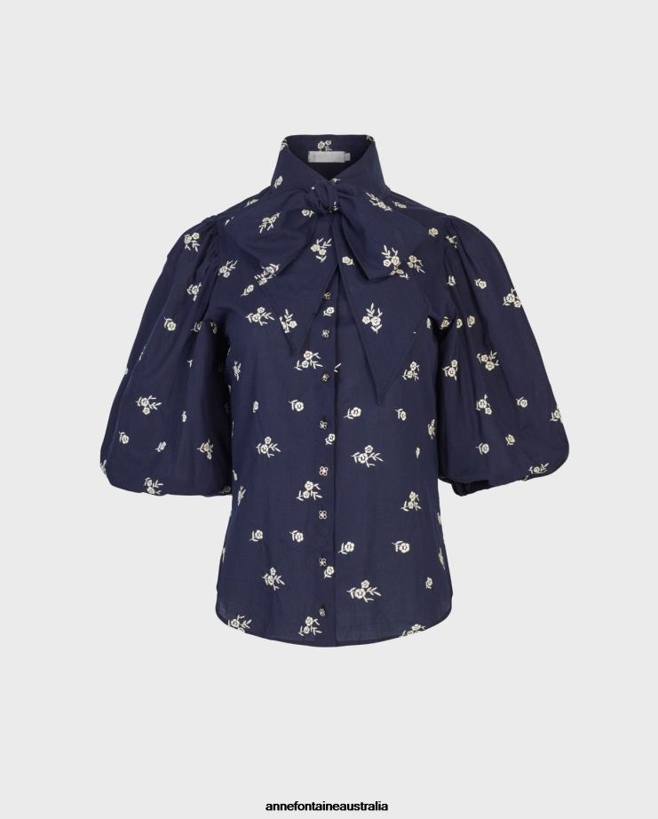 Anne Fontaine Clothing 2VZRJ169 Women Argile Shirt Elbow-Length Sleeve Shirt With Allover Floral Embroidery Navy/White