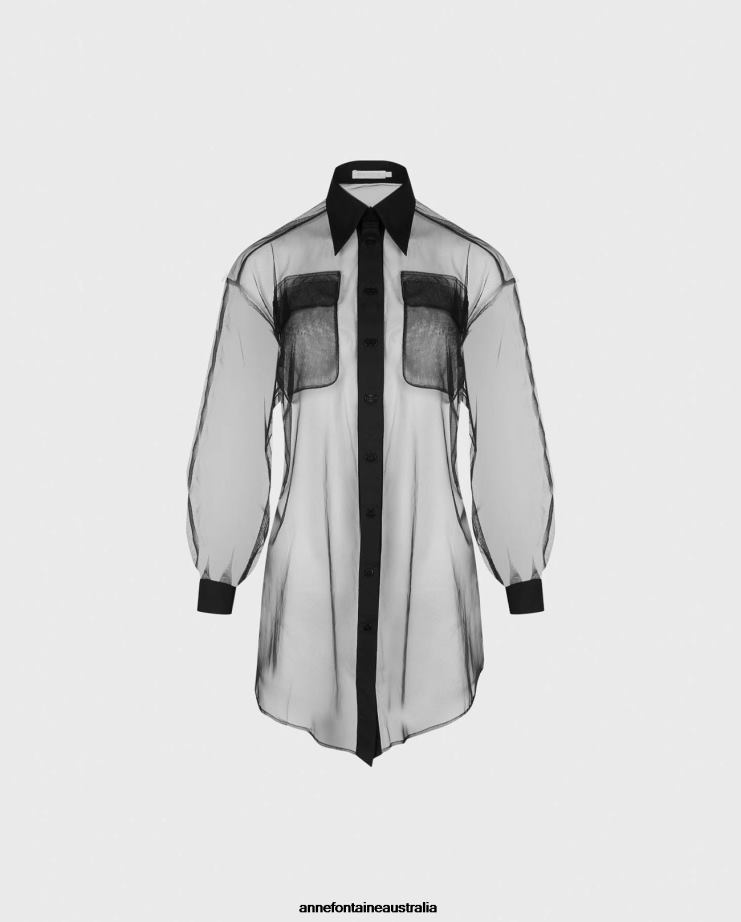 Anne Fontaine Clothing 2VZRJ170 Women Brasilia Shirt Sheer Oversized Shirt With Front Flap Pockets Black