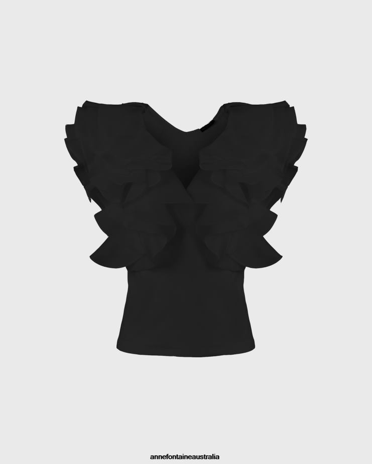 Anne Fontaine Clothing 2VZRJ171 Women Natalena Blouse Pima Jersey Shirt With Flounced Organza Sleeves Black