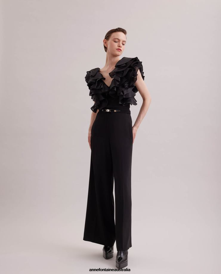 Anne Fontaine Clothing 2VZRJ171 Women Natalena Blouse Pima Jersey Shirt With Flounced Organza Sleeves Black