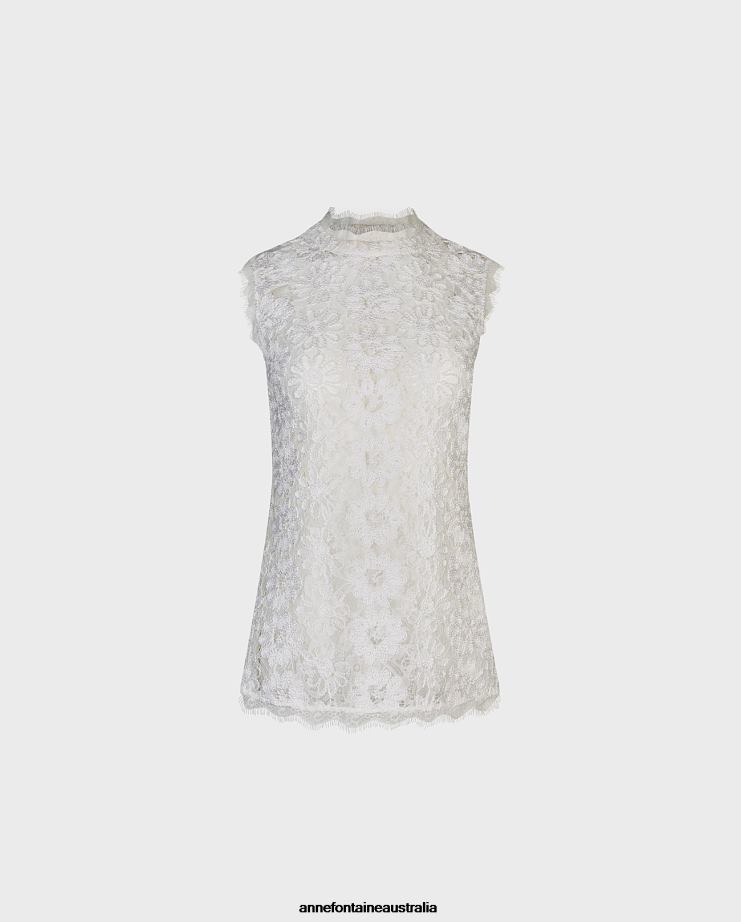 Anne Fontaine Clothing 2VZRJ175 Women Volina Blouse Floral Embroidered Lace Blouse With Eyelash Trim Details White