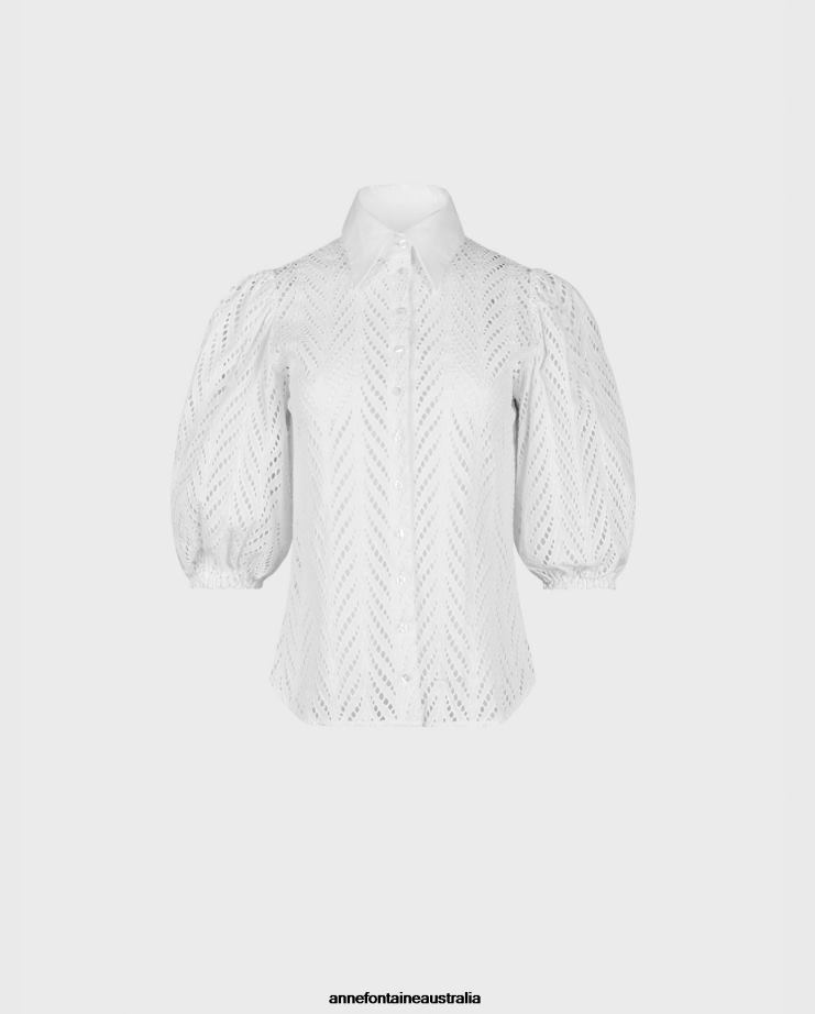 Anne Fontaine Clothing 2VZRJ179 Women Sotil Shirt EmbroideredCotton Shirt With Neck Tie White