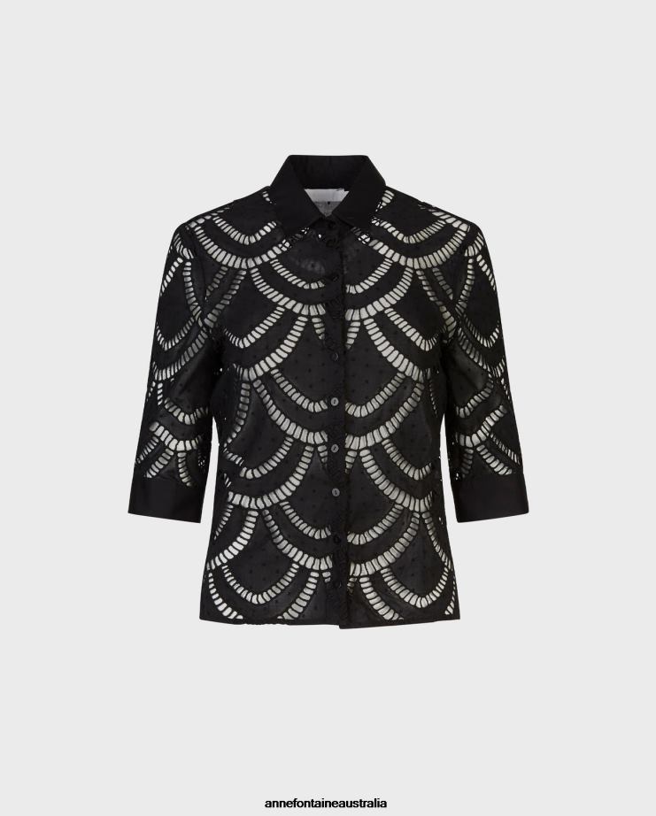 Anne Fontaine Clothing 2VZRJ180 Women Peio Shirt EyeletShirt WithFrench Cuff Sleeves Black