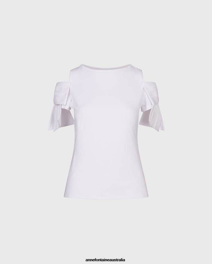 Anne Fontaine Clothing 2VZRJ181 Women Myrtille Top Jersey Cotton Top With Cold Shoulders and Bow Detail White