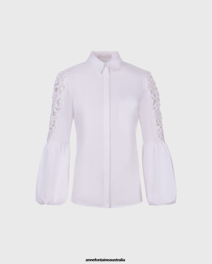 Anne Fontaine Clothing 2VZRJ182 Women Laora Shirt Balloon Sleeve Shirt With Intricate Floral Embroidery White