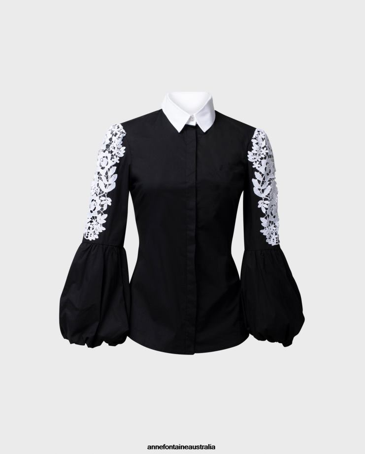 Anne Fontaine Clothing 2VZRJ183 Women Laora Shirt Poplin Shirt With Floral Embroidery Detailing on Balloon Sleeves Black