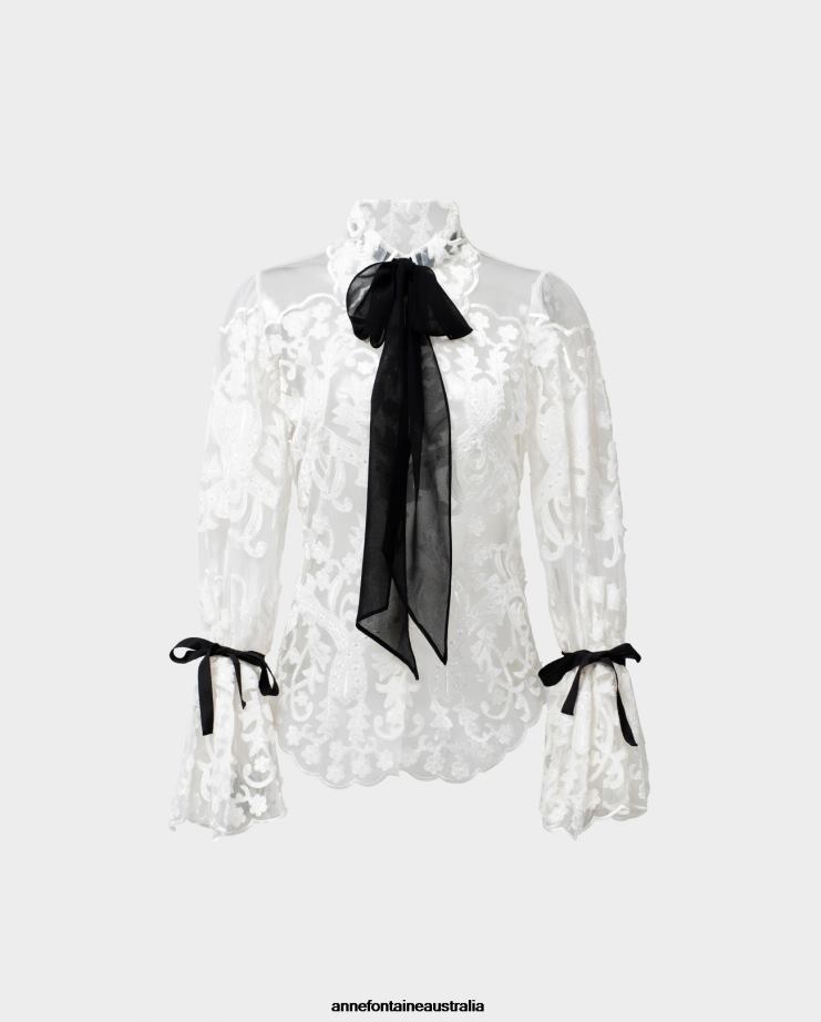 Anne Fontaine Clothing 2VZRJ185 Women Arabesque Blouse Semi-sheer Embroidered Lace Shirt With Removable Ties White