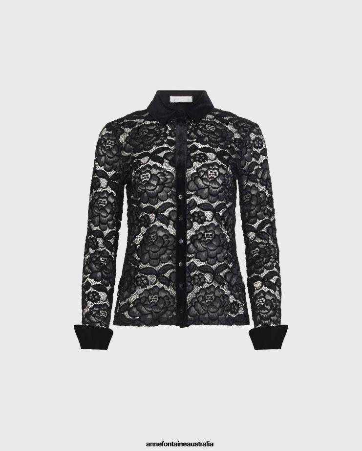 Anne Fontaine Clothing 2VZRJ186 Women Salinger Shirt Long Sleeve Lace Shirt With Velvet Trim Detail Black