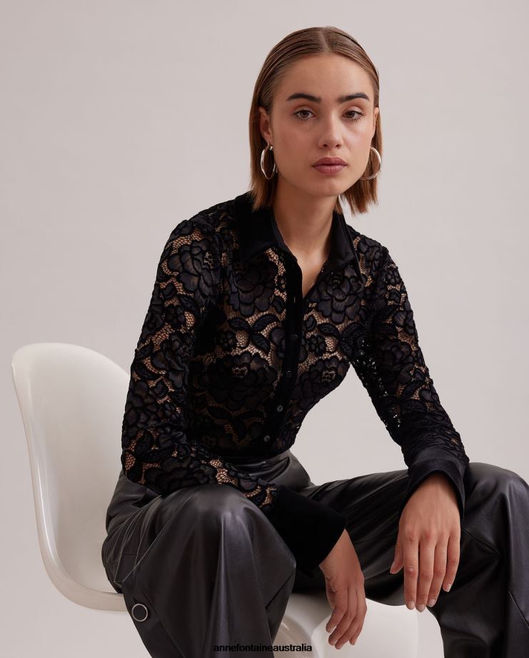 Anne Fontaine Clothing 2VZRJ186 Women Salinger Shirt Long Sleeve Lace Shirt With Velvet Trim Detail Black