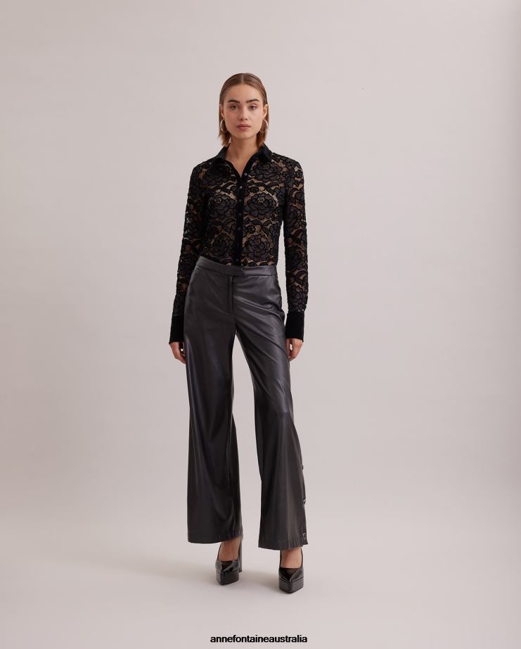 Anne Fontaine Clothing 2VZRJ186 Women Salinger Shirt Long Sleeve Lace Shirt With Velvet Trim Detail Black