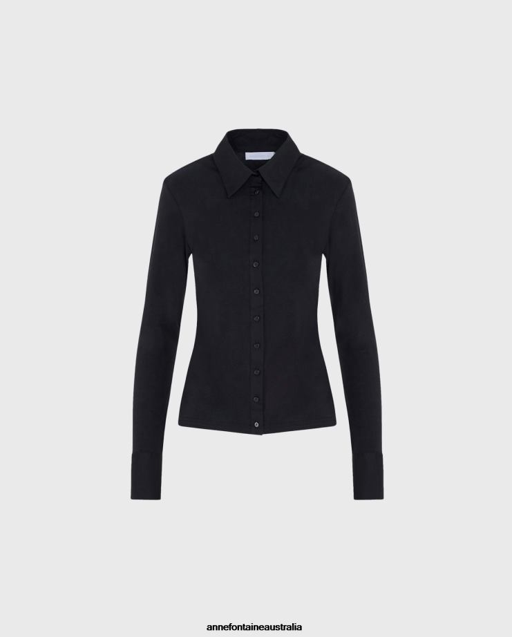 Anne Fontaine Clothing 2VZRJ187 Women Nuage Shirt Long Sleeve Collared Shirt With Cufflinks Black