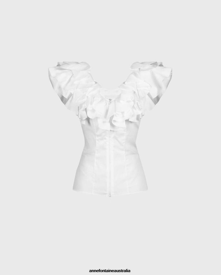 Anne Fontaine Clothing 2VZRJ191 Women Vimera Blouse Structured Top With Layered Flounce Ruffles White